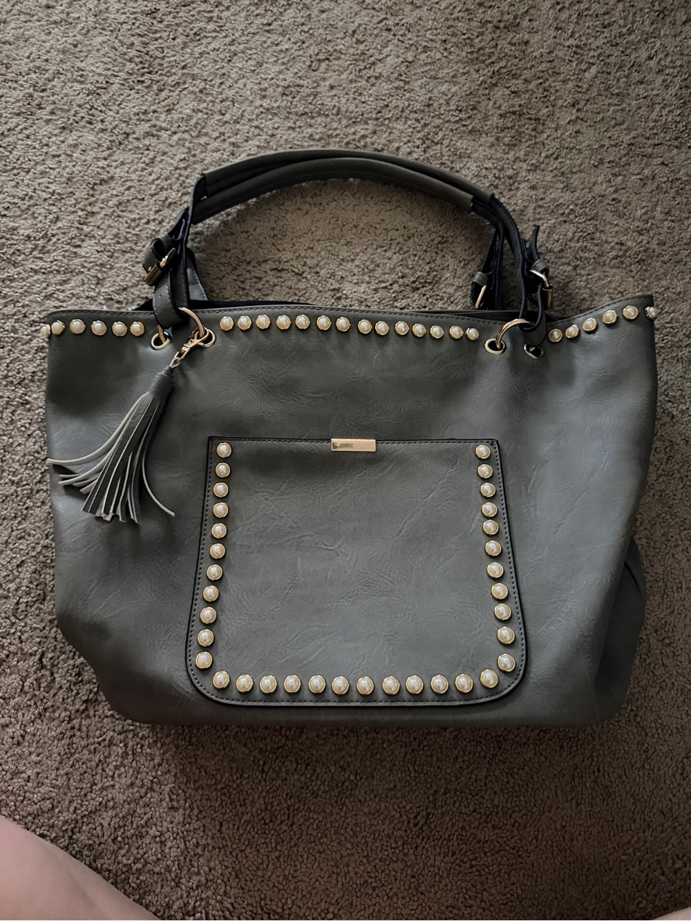 Yoki Dark Gray Studded Tote with Tassel and Pearls - Picture 2 of 10